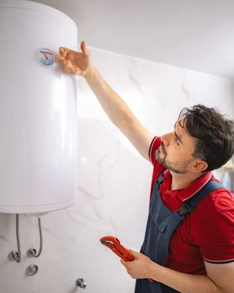 Plumber connecting a new storage tank water heater during a replacement in Pasadena