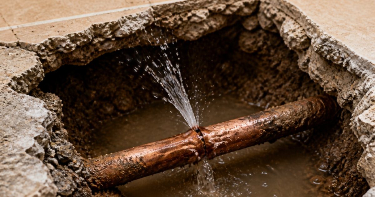 Concrete slab floor opened up to expose a leaking copper water line spraying water, the repair access a slab leak plumber makes